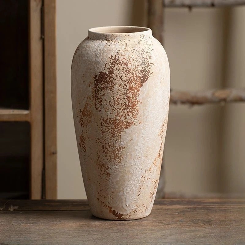 Y&D Rustic Farmhouse Tabletop Vase - Wabi-Sabi Vintage Ceramic Ornament Floral Arrangement Home Decor Vase - Image 1