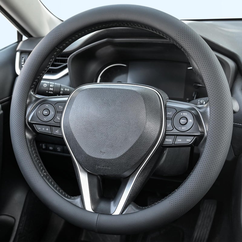 Uxcer Nappa Leather Steering Wheel Cover, Universal 14.5â€“15 Inch Non-Slip Breathable Steering Wheel Cover for Cars, Black - Image 1