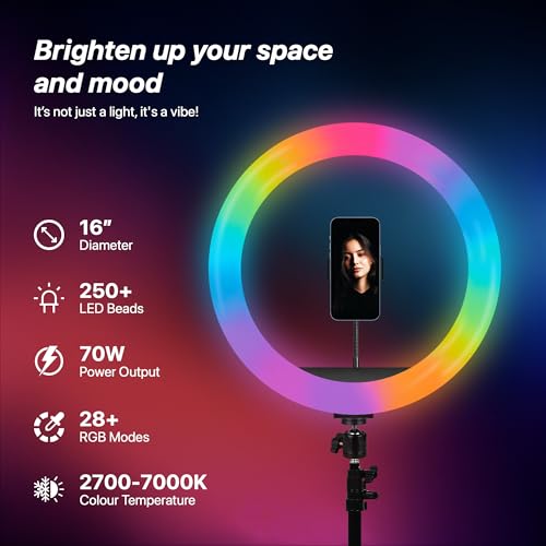 IZI Light 16" RGB LED Ring Light with Stand, 7' Foldable Tripod - 28+ Multicolor, Professional Studio Kit for YouTube, Video Shoots, Live Streaming, Selfie Lights, Makeup, iPhone & Cameras Compatible - Image 2