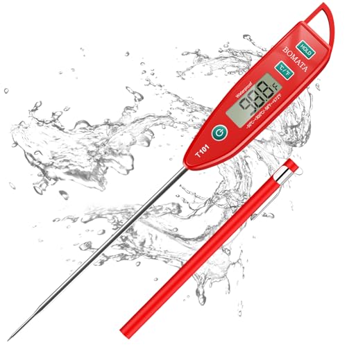 BOMATA Waterproof IPX7 Thermometer for Water Liquid Candle and Cooking Instant Read Food Thermometer with Long Probe for Cooking Meat BBQ T101 Red Color