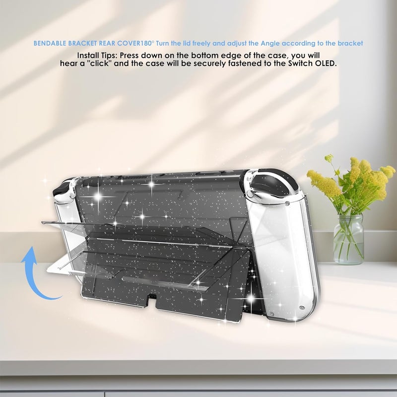 kiki fancy حافظة واقية لجهاز Switch OLED موديل 2021، غطاء مقبض بتصميم ممتص للصدمات ومقاوم للخدوش من مادة TPU الناعمة، لحافظة Switch OLED المتلألئة القابلة للإرساء، مع غطاء خلفي من مادة PC وغطاء قلاب (شفاف). - Image 5