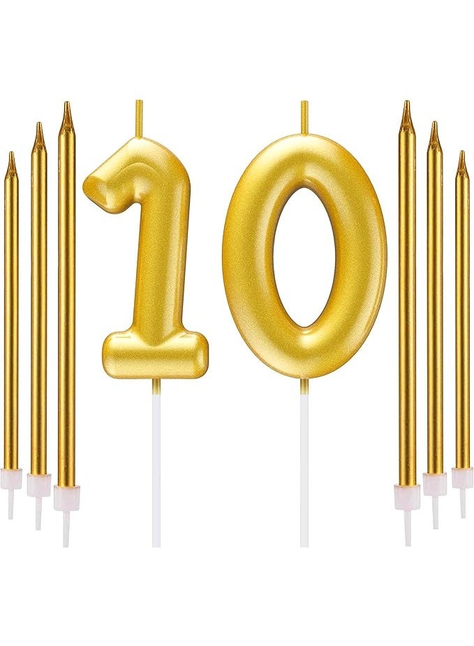 شمعة رقم 10 و6 شموع عصا في حامل لأعياد الميلاد، شموع للكعكة، شمعة عيد الميلاد، زينة أعلى الكعكة لحفلات أعياد الميلاد والذكرى السنوية للزفاف (ذهبي، 8 قطع) - Image 1