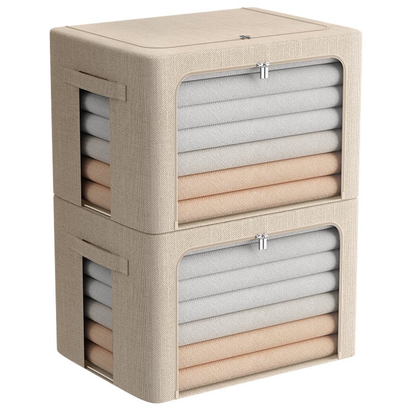 FHSQX Extra Large Clothes Storage Bins Foldable Metal Frame Storage Box Stackable Linen Fabric Box Organizer Set with Carrying Handles and Clear Window Beige 236x 165x 157 Inch