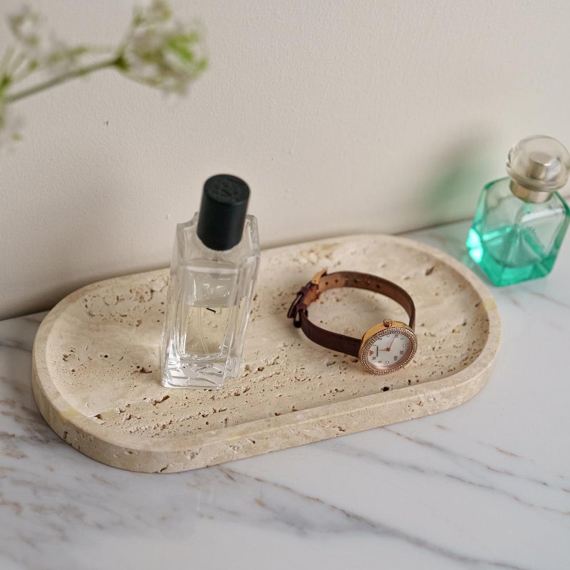VEROBELL Beige Travertine Vanity Tray | Natural Stone Bathroom Organizer | Perfume & Jewelry Storage for Spa, Bedroom, Kitchen | Non-Slip Waterproof Design,9.8"x4.7"x0.6" - Image 5