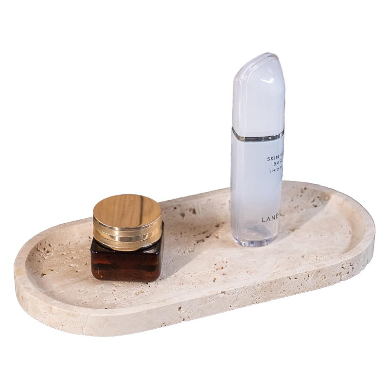 VEROBELL Beige Travertine Vanity Tray | Natural Stone Bathroom Organizer | Perfume & Jewelry Storage for Spa, Bedroom, Kitchen | Non-Slip Waterproof Design,9.8"x4.7"x0.6" - Image 1