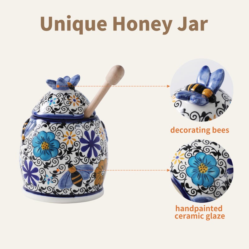 ZOOBEE 10oz Ceramic Honey Jar with Dipper Stick,Handpainted Honey Container for Storing Syrup,Small Mini Honey Pot with Bees,Disherwash Safe-Hidden Nook - Image 4