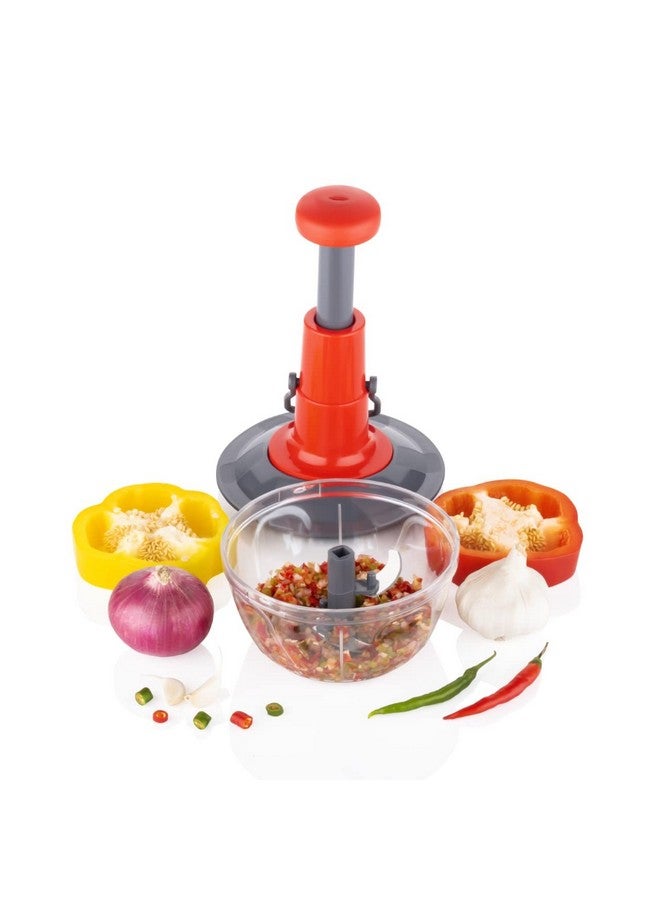 Tosaa Manual Press Fruit & Vegetable Chopper, with 3 Stainless Steel Blades, 1 Whisker, Anti-Slip Base, and Locking System, 500 ml, Color May Vary - Image 3