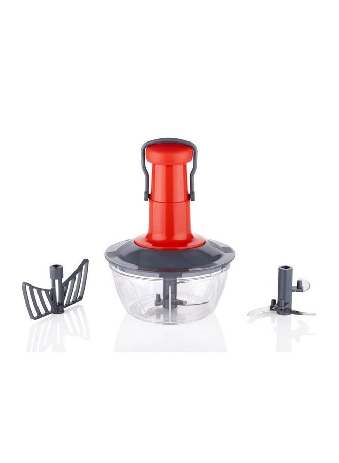 Tosaa Manual Press Fruit & Vegetable Chopper, with 3 Stainless Steel Blades, 1 Whisker, Anti-Slip Base, and Locking System, 500 ml, Color May Vary - Image 1