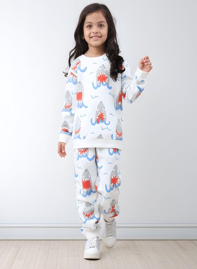 ANTHRILO Sleepy Shark Girls Fleece Sweatshirt Jogger Set - Off White | 1-2 Years - Image 2