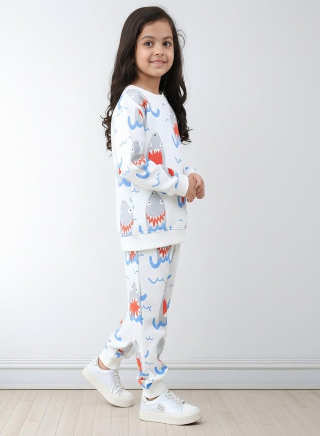 ANTHRILO Sleepy Shark Girls Fleece Sweatshirt Jogger Set - Off White | 1-2 Years - Image 3