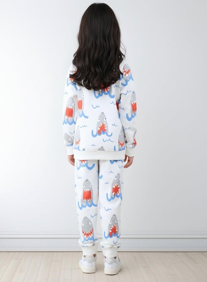 ANTHRILO Sleepy Shark Girls Fleece Sweatshirt Jogger Set - Off White | 1-2 Years - Image 4