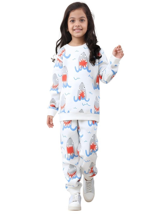 ANTHRILO Sleepy Shark Girls Fleece Sweatshirt Jogger Set - Off White | 1-2 Years - Image 1