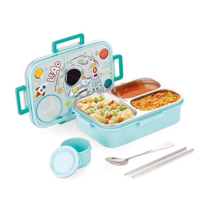 ATTRO Bestie Kids Lunch Box Astronaut Space Themed with Inner Stainless Steel 3 Compartment 1 Small Container AirTight Leakproof BPA Free 750ml80ml Light Blue - Image 1