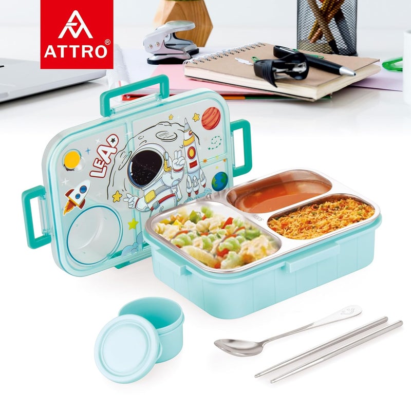 ATTRO Bestie Kids Lunch Box Astronaut Space Themed with Inner Stainless Steel 3 Compartment 1 Small Container AirTight Leakproof BPA Free 750ml80ml Light Blue - Image 5