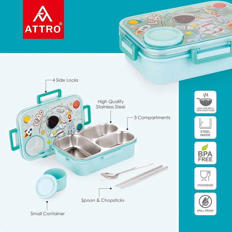 ATTRO Bestie Kids Lunch Box Astronaut Space Themed with Inner Stainless Steel 3 Compartment 1 Small Container AirTight Leakproof BPA Free 750ml80ml Light Blue - Image 2