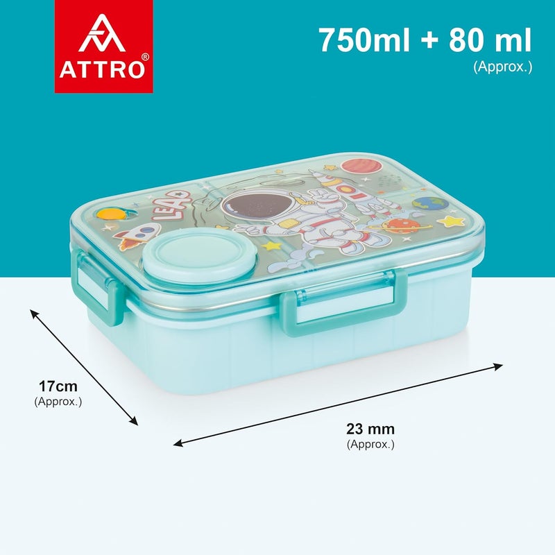ATTRO Bestie Kids Lunch Box Astronaut Space Themed with Inner Stainless Steel 3 Compartment 1 Small Container AirTight Leakproof BPA Free 750ml80ml Light Blue - Image 4