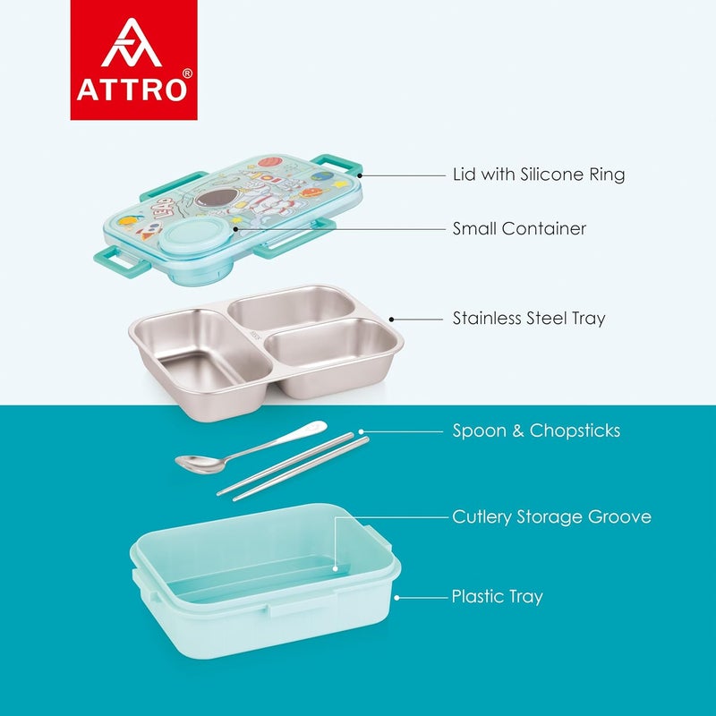 ATTRO Bestie Kids Lunch Box Astronaut Space Themed with Inner Stainless Steel 3 Compartment 1 Small Container AirTight Leakproof BPA Free 750ml80ml Light Blue - Image 3