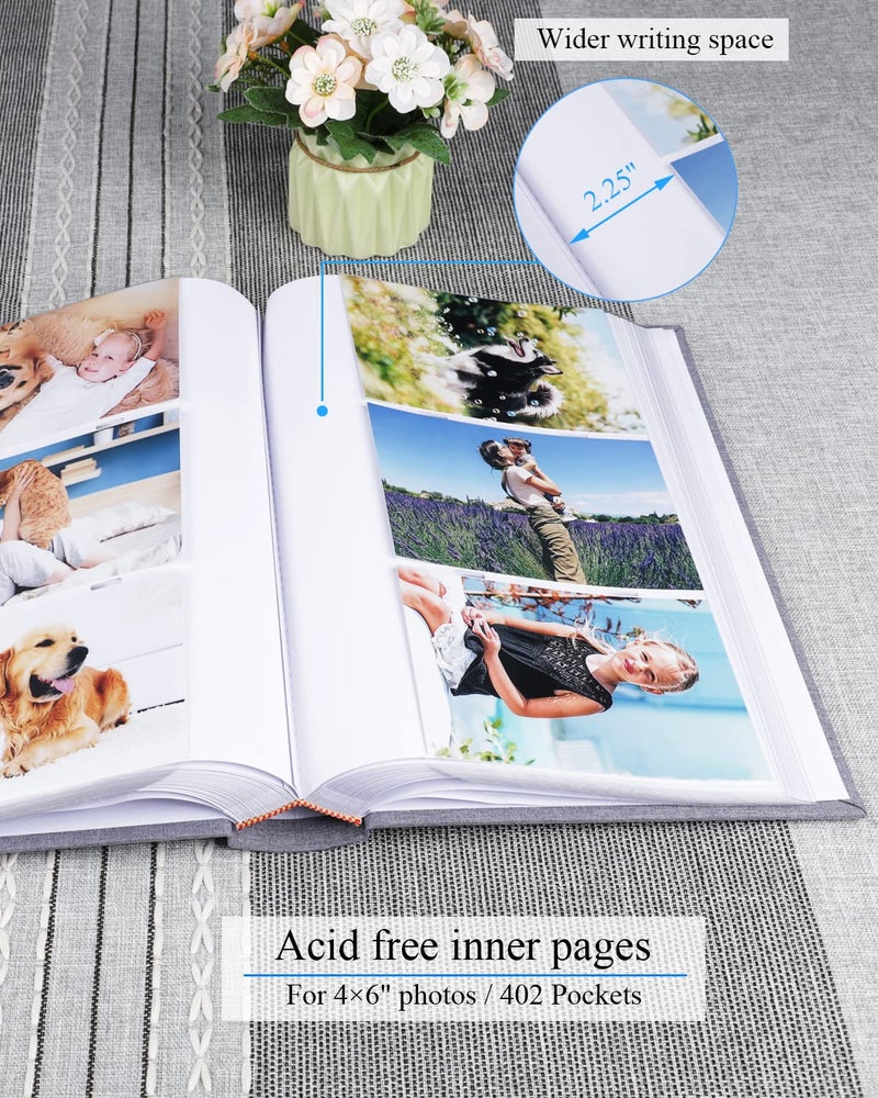 1DOT2 Photo Album 4x6 Hold 402 Photos with Memo Slip-in Pockets Photo Book  Linen Cover Picture Photo Albums with Writing Space for Wedding Family Baby Vacation Mother's Day Grey - Image 3