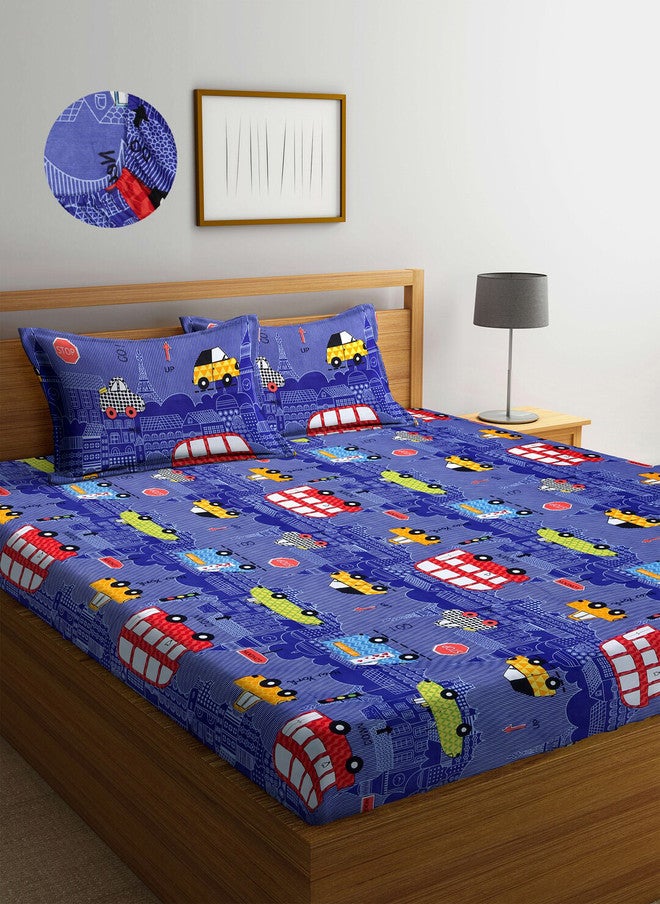 Arrabi Blue Graphic Polycotton 300 TC Fitted King Fine Bedsheet with 2 Pillow Covers - Image 1
