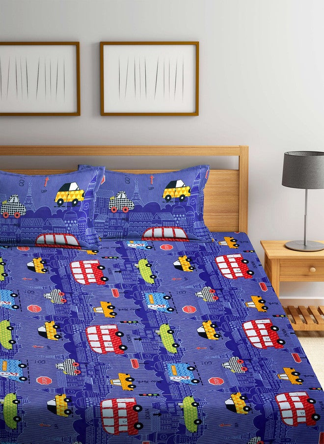 Arrabi Blue Graphic Polycotton 300 TC Fitted King Fine Bedsheet with 2 Pillow Covers - Image 2
