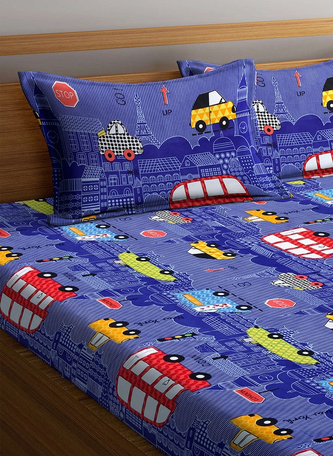 Arrabi Blue Graphic Polycotton 300 TC Fitted King Fine Bedsheet with 2 Pillow Covers - Image 3