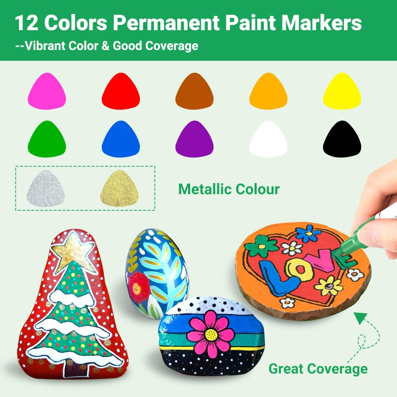 DAPAWIN Oil Based Paint Pen, Permanent Paint Marker: Quick-Dry, Waterproof Paint Set of 12 for Rock Painting, Glass, Fabric, Ceramic, Wood, Metal, Mug, Plastic, Stone, Christmas Stencil Art Craft Supplies Kit - Image 5