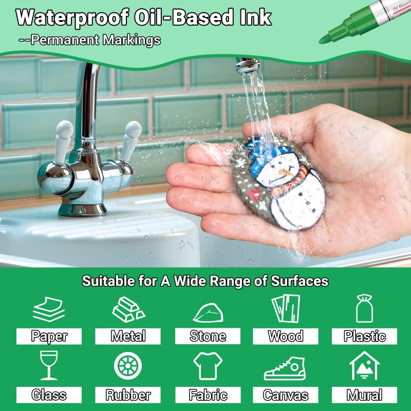 DAPAWIN Oil Based Paint Pen, Permanent Paint Marker: Quick-Dry, Waterproof Paint Set of 12 for Rock Painting, Glass, Fabric, Ceramic, Wood, Metal, Mug, Plastic, Stone, Christmas Stencil Art Craft Supplies Kit - Image 3