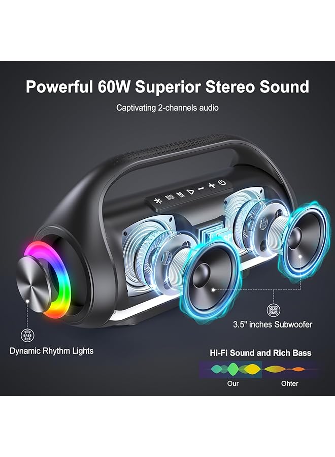 erorex Portable Bluetooth Speaker Wireless: Ipx5 Waterproof Speaker Boom Music Box With Disco Light For Indoor Outdoor Parties Powerful Bass Stereo Sound Loud Speaker Support Usb Tf Card Aux Fm Rec - Image 2