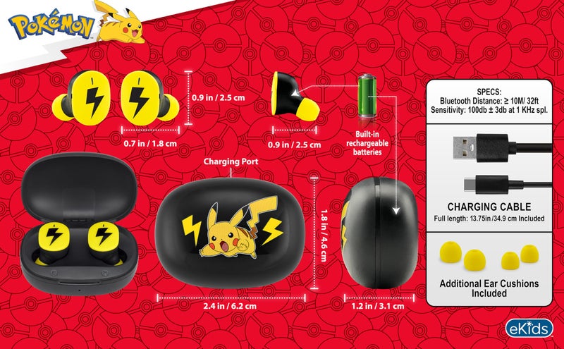 eKids Pokemon Wireless Earbuds for Kids, Bluetooth Earbuds with Charging Case - Image 4