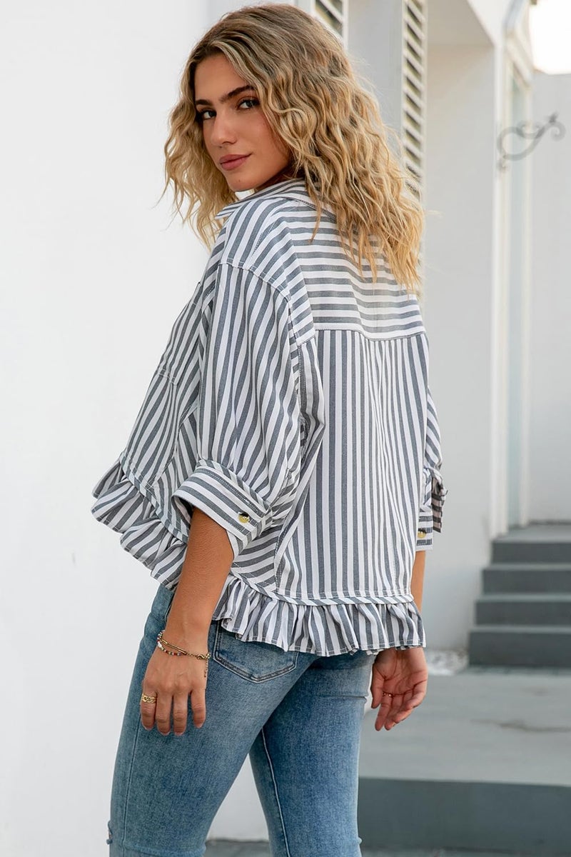 CHYRII Womens Summer Tops Dressy Casual Blouse Top Ruffled Short Sleeve Button Down Striped Shirt Black XL - Image 2