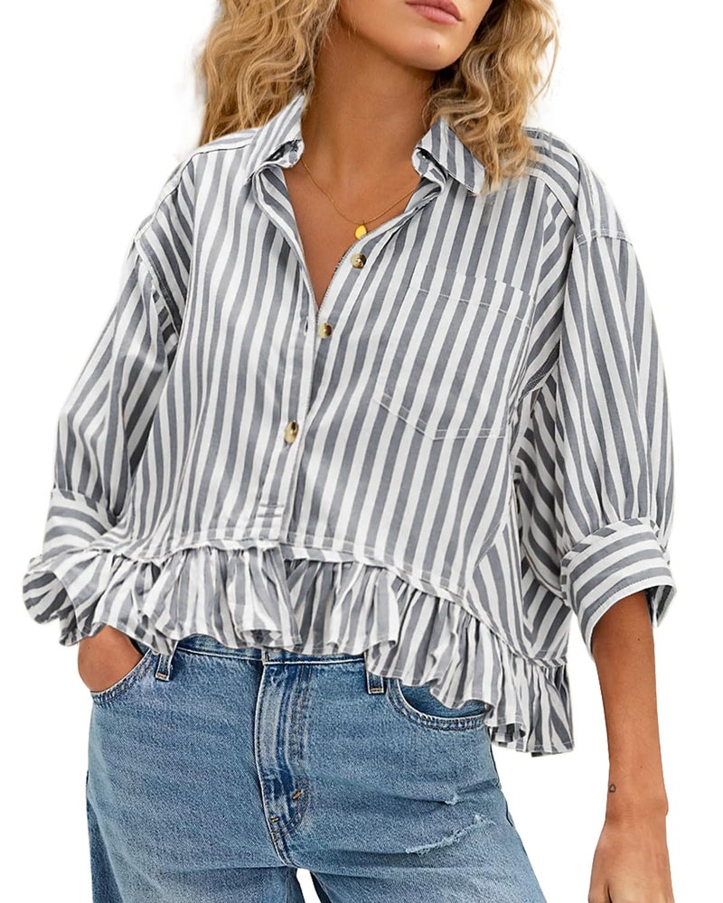 CHYRII Womens Summer Tops Dressy Casual Blouse Top Ruffled Short Sleeve Button Down Striped Shirt Black XL - Image 1