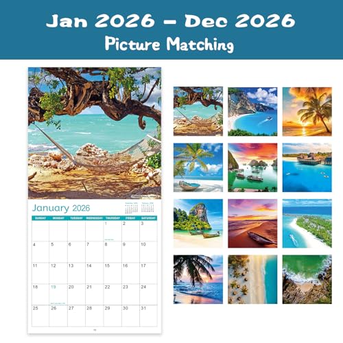 Artfan 2026 Calendar - 2026 Wall Calendar, Jan 2026 - Dec 2026, 12" x 24" (Open), Wall Calendar 2026, 12 Monthly Calendar with Twin-wire Binding - Sea View - Image 3