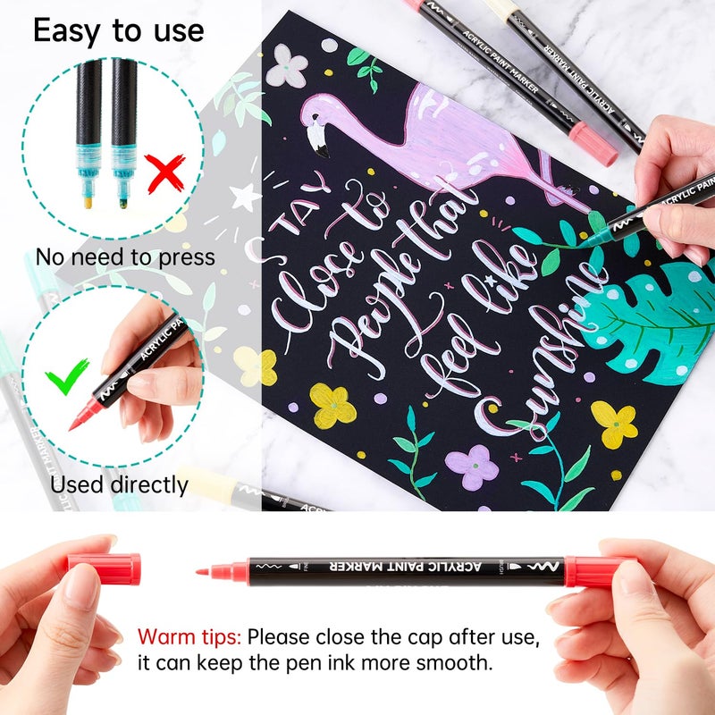 Shuttle Art أقلام الطلاء الأكريليكي من شاتل آرت 60 لونًا، أقلام بفرشاة ونقطة دقيقة للطلاء على الصخور، السيراميك، الخشب، القماش، البلاستيك، الزجاج، الحجر، الخط، صناعة البطاقات، والحرف اليدوية DIY - Image 4