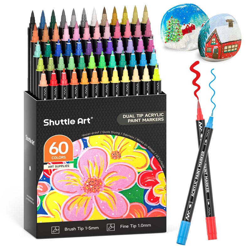 Shuttle Art أقلام الطلاء الأكريليكي من شاتل آرت 60 لونًا، أقلام بفرشاة ونقطة دقيقة للطلاء على الصخور، السيراميك، الخشب، القماش، البلاستيك، الزجاج، الحجر، الخط، صناعة البطاقات، والحرف اليدوية DIY - Image 1