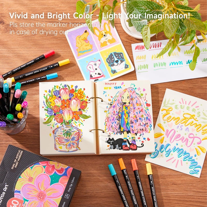 Shuttle Art أقلام الطلاء الأكريليكي من شاتل آرت 60 لونًا، أقلام بفرشاة ونقطة دقيقة للطلاء على الصخور، السيراميك، الخشب، القماش، البلاستيك، الزجاج، الحجر، الخط، صناعة البطاقات، والحرف اليدوية DIY - Image 5