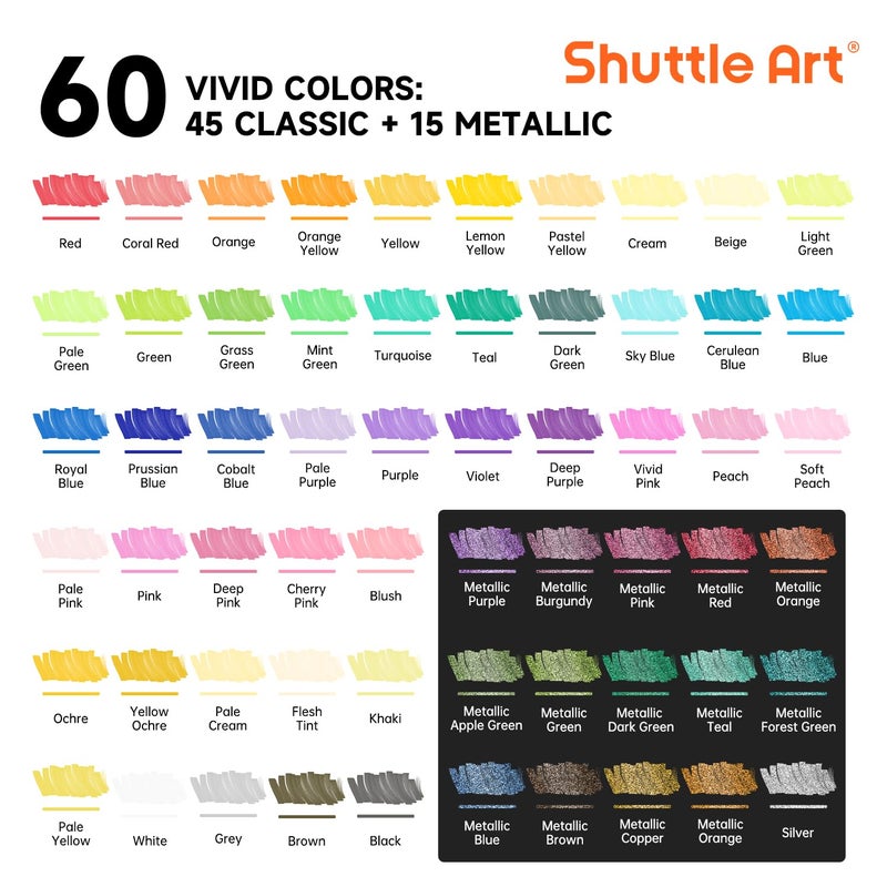 Shuttle Art أقلام الطلاء الأكريليكي من شاتل آرت 60 لونًا، أقلام بفرشاة ونقطة دقيقة للطلاء على الصخور، السيراميك، الخشب، القماش، البلاستيك، الزجاج، الحجر، الخط، صناعة البطاقات، والحرف اليدوية DIY - Image 2