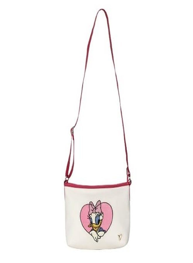 VARA Crossbody Handbag with Heart Design Print, White and Pink, Adjustable Strap - Image 1