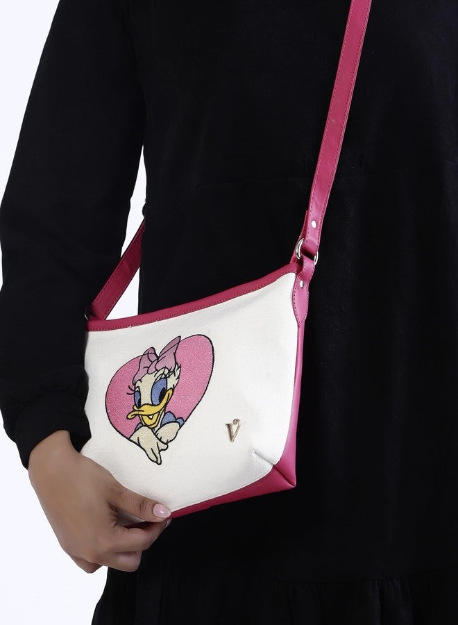VARA Crossbody Handbag with Heart Design Print, White and Pink, Adjustable Strap - Image 5