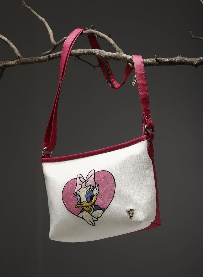 VARA Crossbody Handbag with Heart Design Print, White and Pink, Adjustable Strap - Image 3