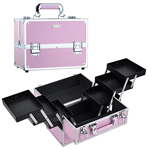 Frenessa Makeup Train Case Large Portable Cosmetic Case  6 Tier Trays Professional Makeup Storage Organizer Box Make Up Carrier with Lockable keys  Pink