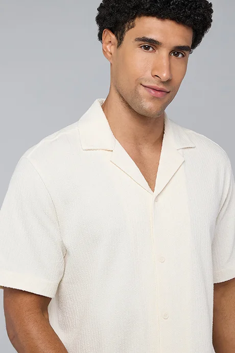 أر أند بي Textured Shirt with Revere Collar and Short Sleeves
