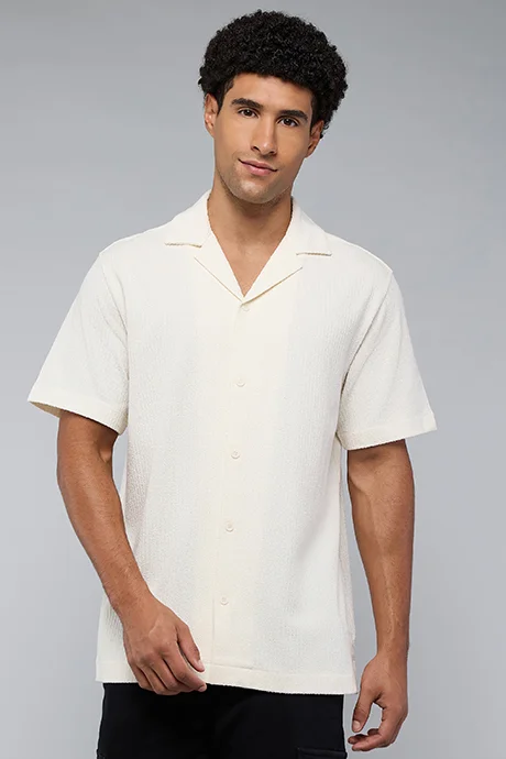 أر أند بي Textured Shirt with Revere Collar and Short Sleeves