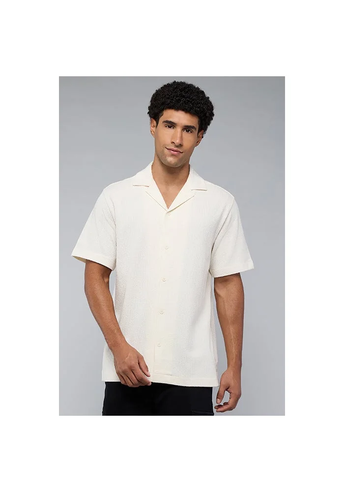 أر أند بي Textured Shirt with Revere Collar and Short Sleeves