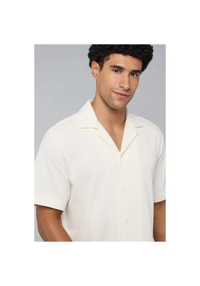 أر أند بي Textured Shirt with Revere Collar and Short Sleeves