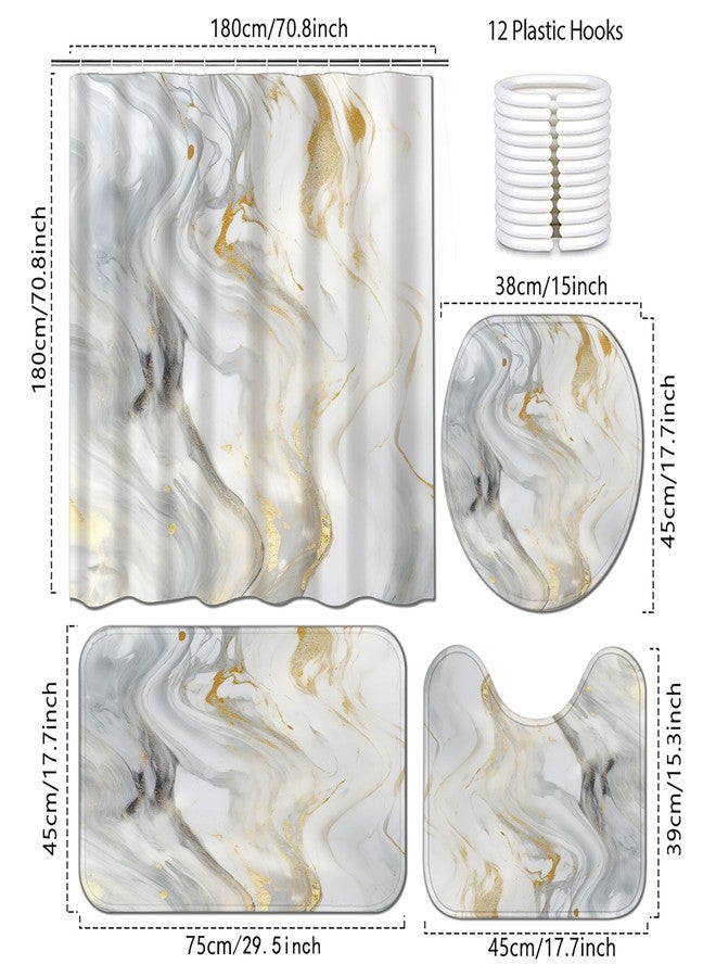 Planially 4Pcs Grey Gold Marble Shower Curtain Sets, Bathroom Sets with Shower Curtain, Toilet Lid Rug, Contour Mat and Bath Mat, Shower Curtain with 12 Hooks for Bathroom Set Decor,72 * 72 Inch - Image 4