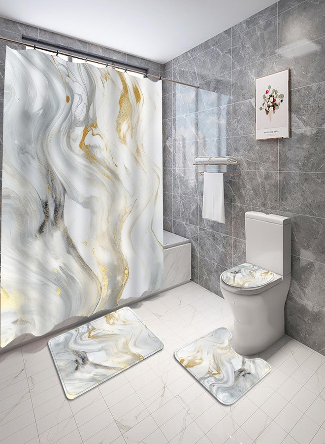 Planially 4Pcs Grey Gold Marble Shower Curtain Sets, Bathroom Sets with Shower Curtain, Toilet Lid Rug, Contour Mat and Bath Mat, Shower Curtain with 12 Hooks for Bathroom Set Decor,72 * 72 Inch - Image 1