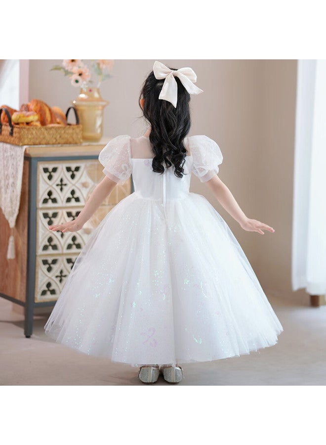 Luobobeibei Girls Princess Dress Summer Performance Costume Children'S White Dress Mesh Puff Dress White 150 - Image 3