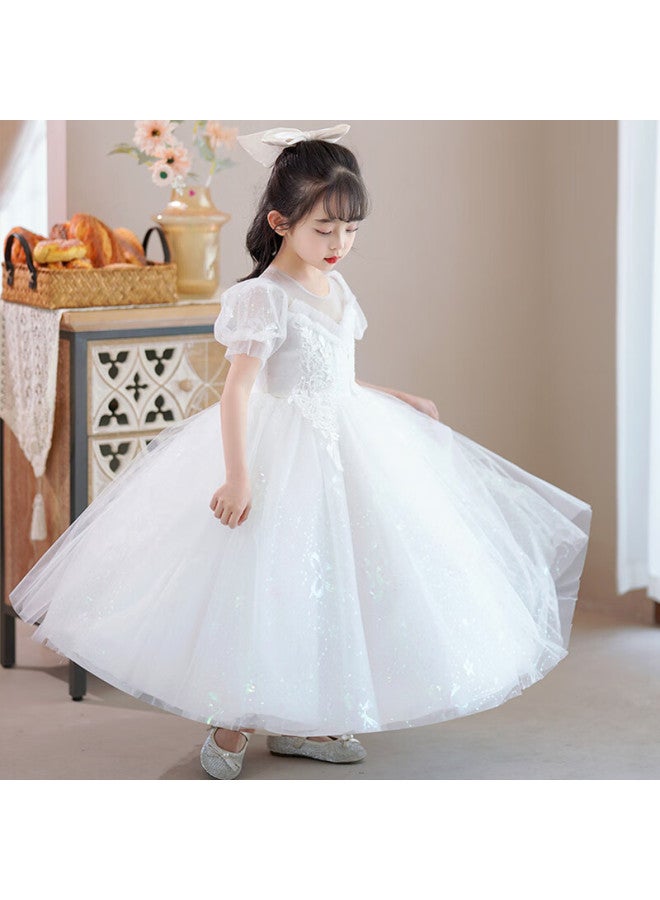 Luobobeibei Girls Princess Dress Summer Performance Costume Children'S White Dress Mesh Puff Dress White 150 - Image 2