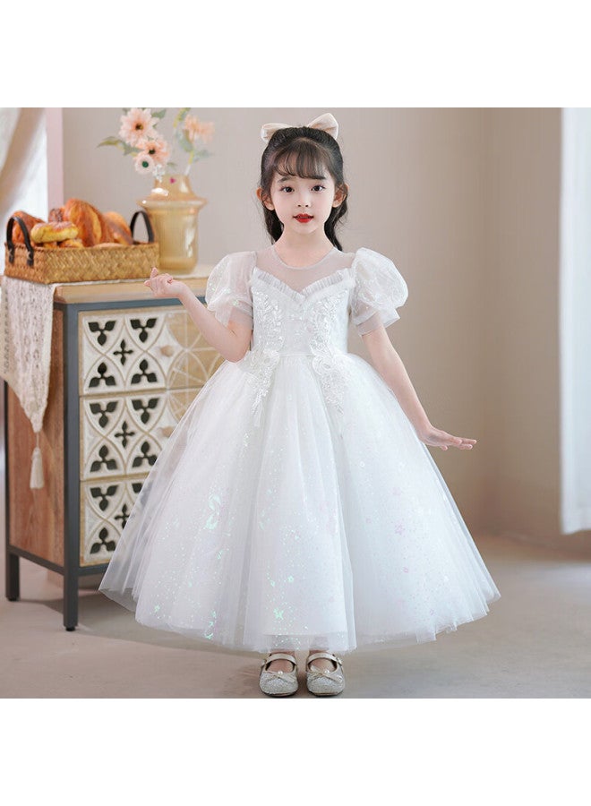 Luobobeibei Girls Princess Dress Summer Performance Costume Children'S White Dress Mesh Puff Dress White 150 - Image 5