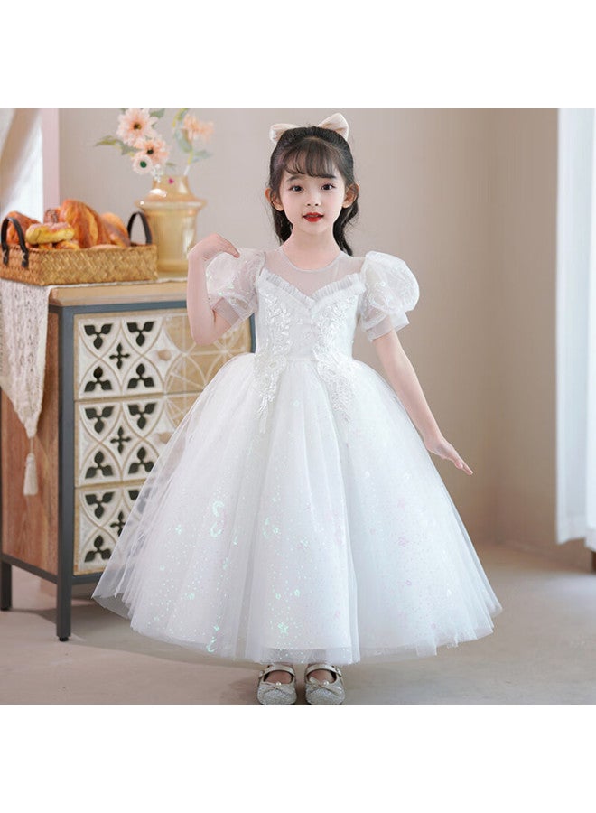 Luobobeibei Girls Princess Dress Summer Performance Costume Children'S White Dress Mesh Puff Dress White 150 - Image 4